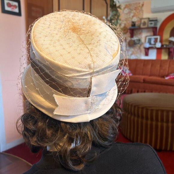 1960s peach basket MOD brown and grey striped birdcage veil hat - made in the us - Picture 6 of 14
